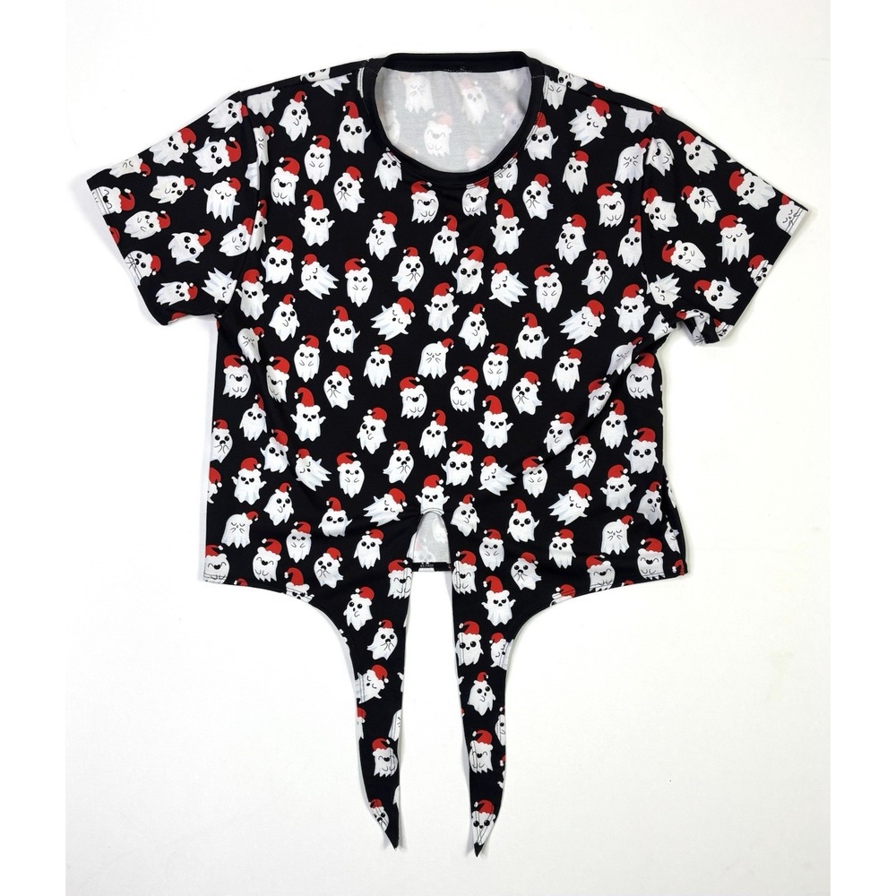 BlackMilk Top Women's Medium Ghost Santa Tie Front Crop Christmas Shirt